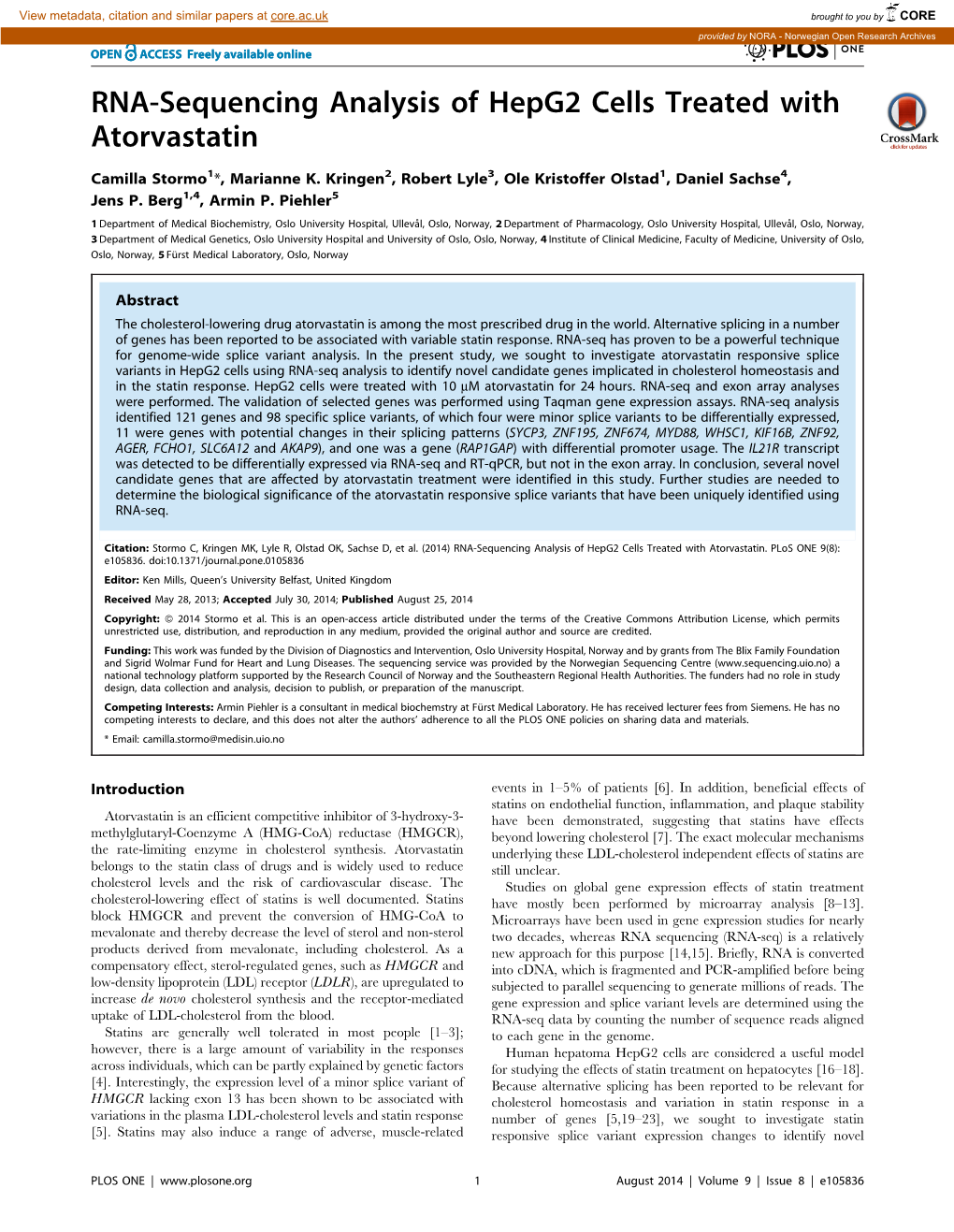 RNA-Sequencing Analysis of Hepg2 Cells Treated with Atorvastatin