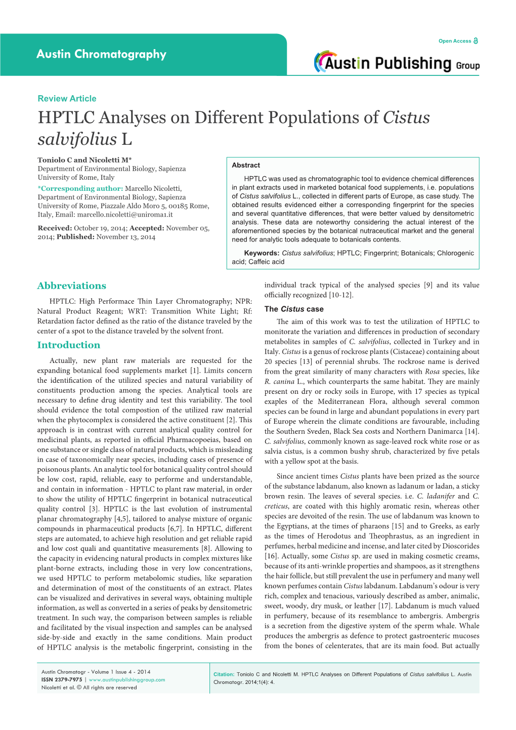 HPTLC Analyses on Different Populations of Cistus Salvifolius L