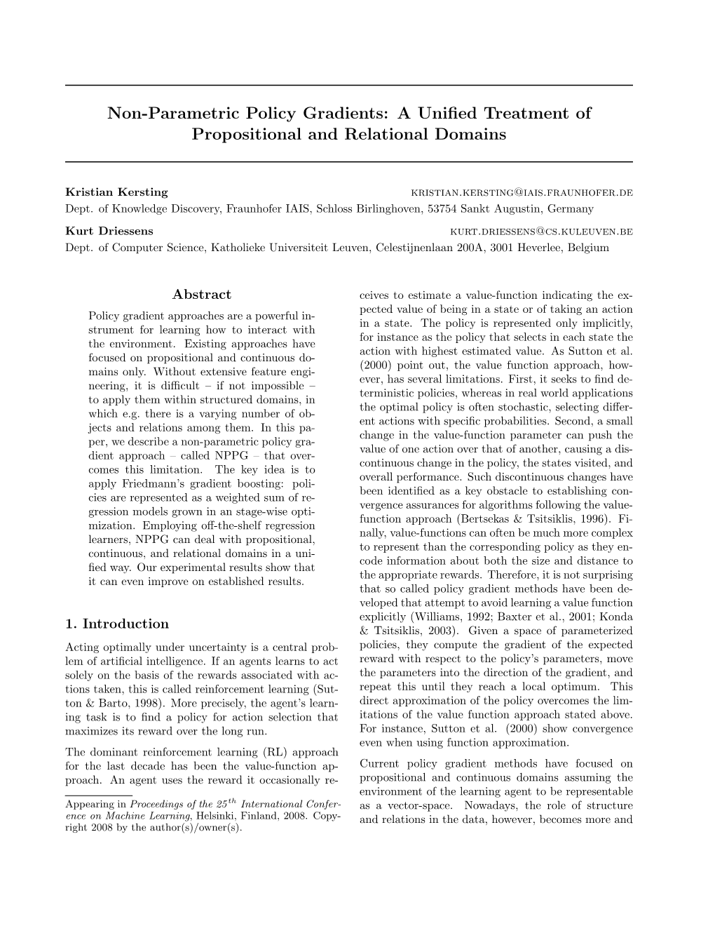 Non-Parametric Policy Gradients: a Uniﬁed Treatment of Propositional and Relational Domains