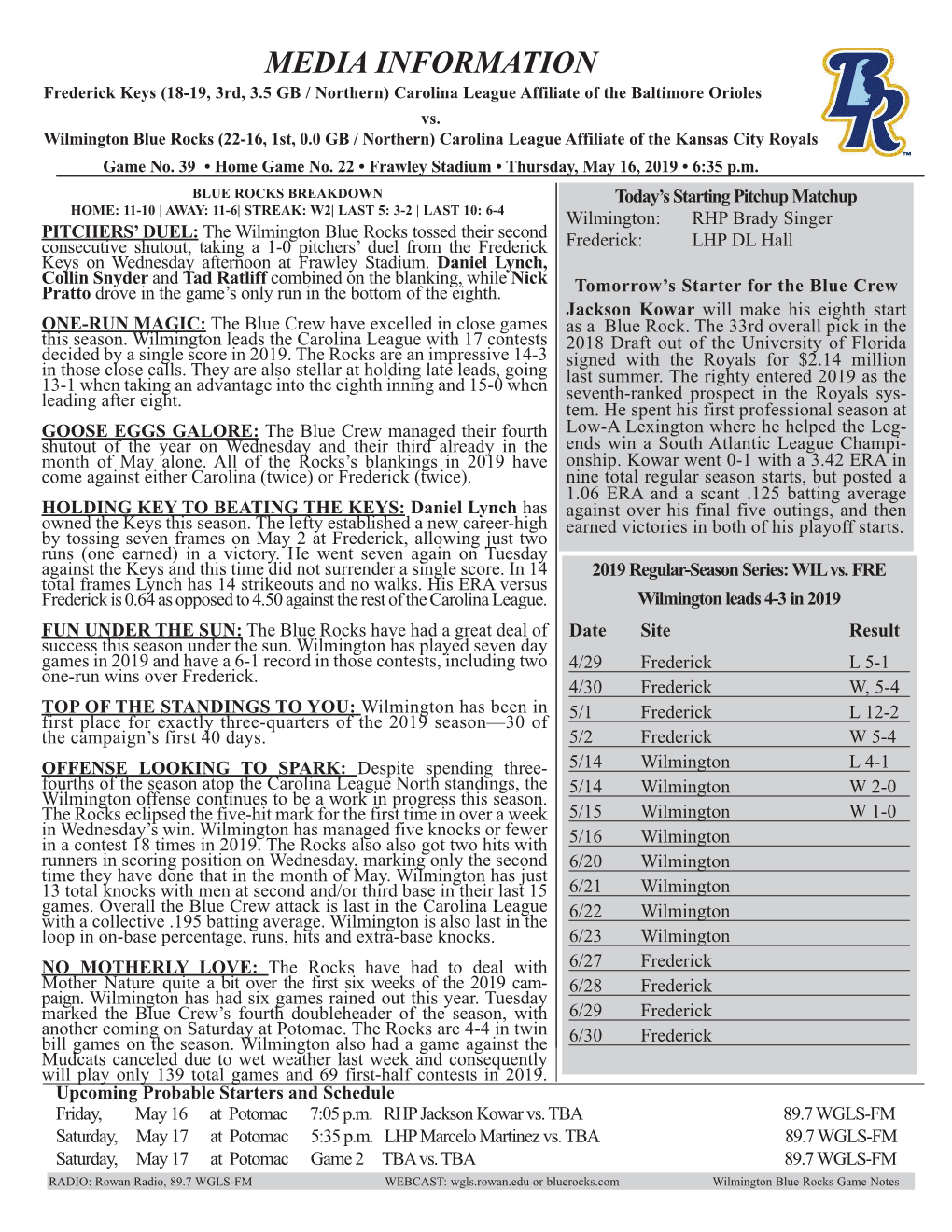 MEDIA INFORMATION Frederick Keys (18-19, 3Rd, 3.5 GB / Northern) Carolina League Affiliate of the Baltimore Orioles Vs