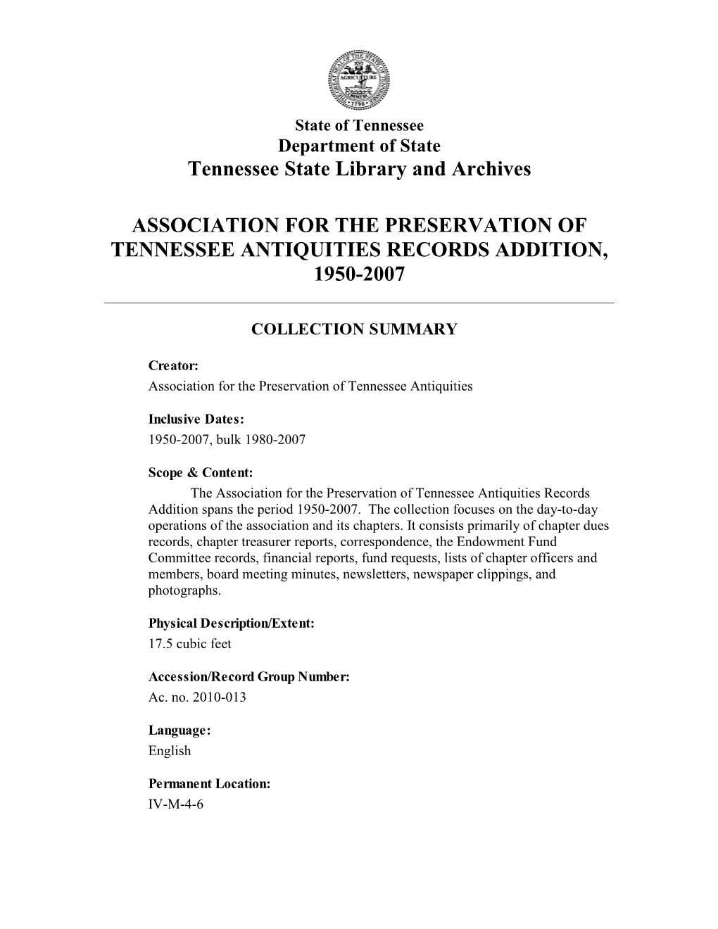 Association for the Preservation of Tennessee Antiquities Records Addition, 1950-2007