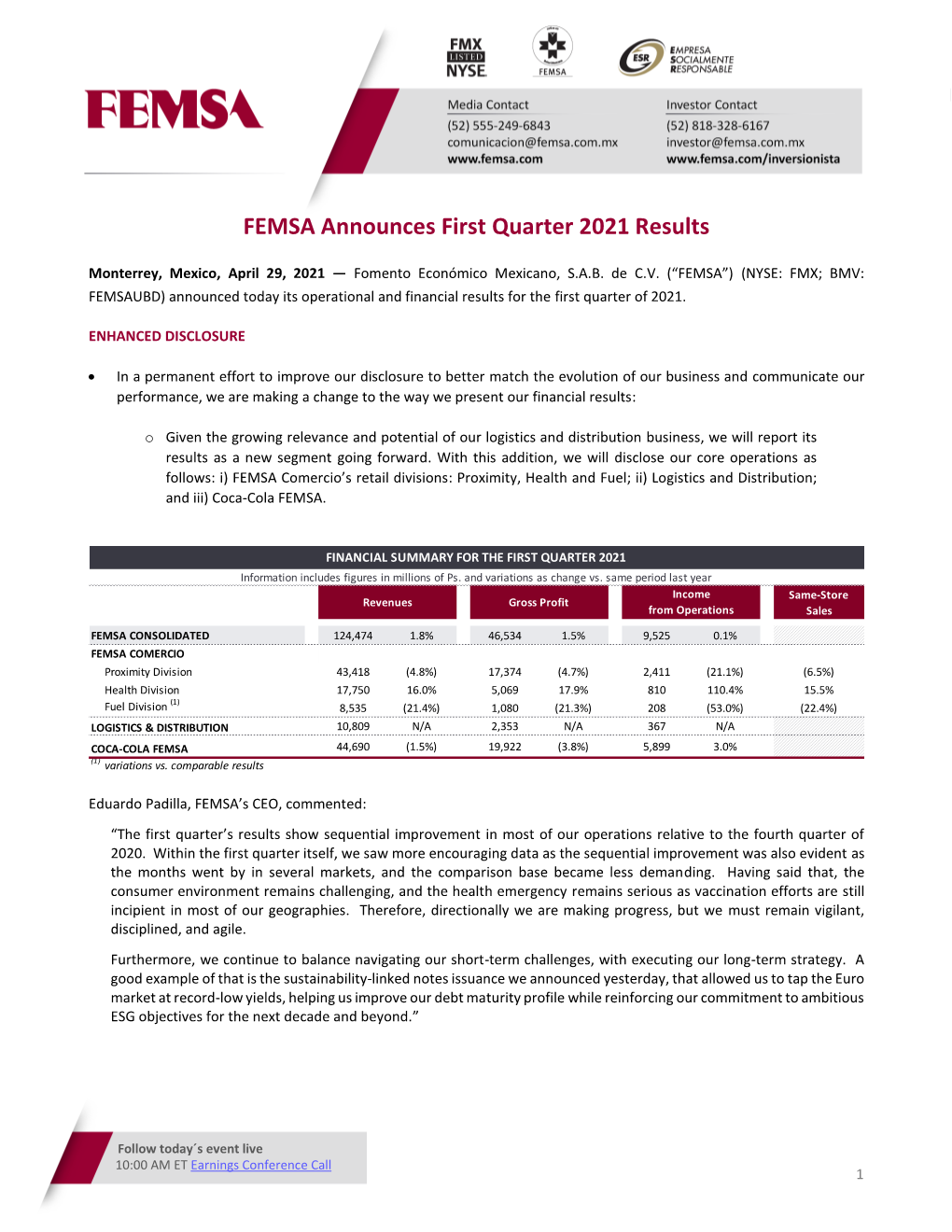 FEMSA Announces First Quarter 2021 Results
