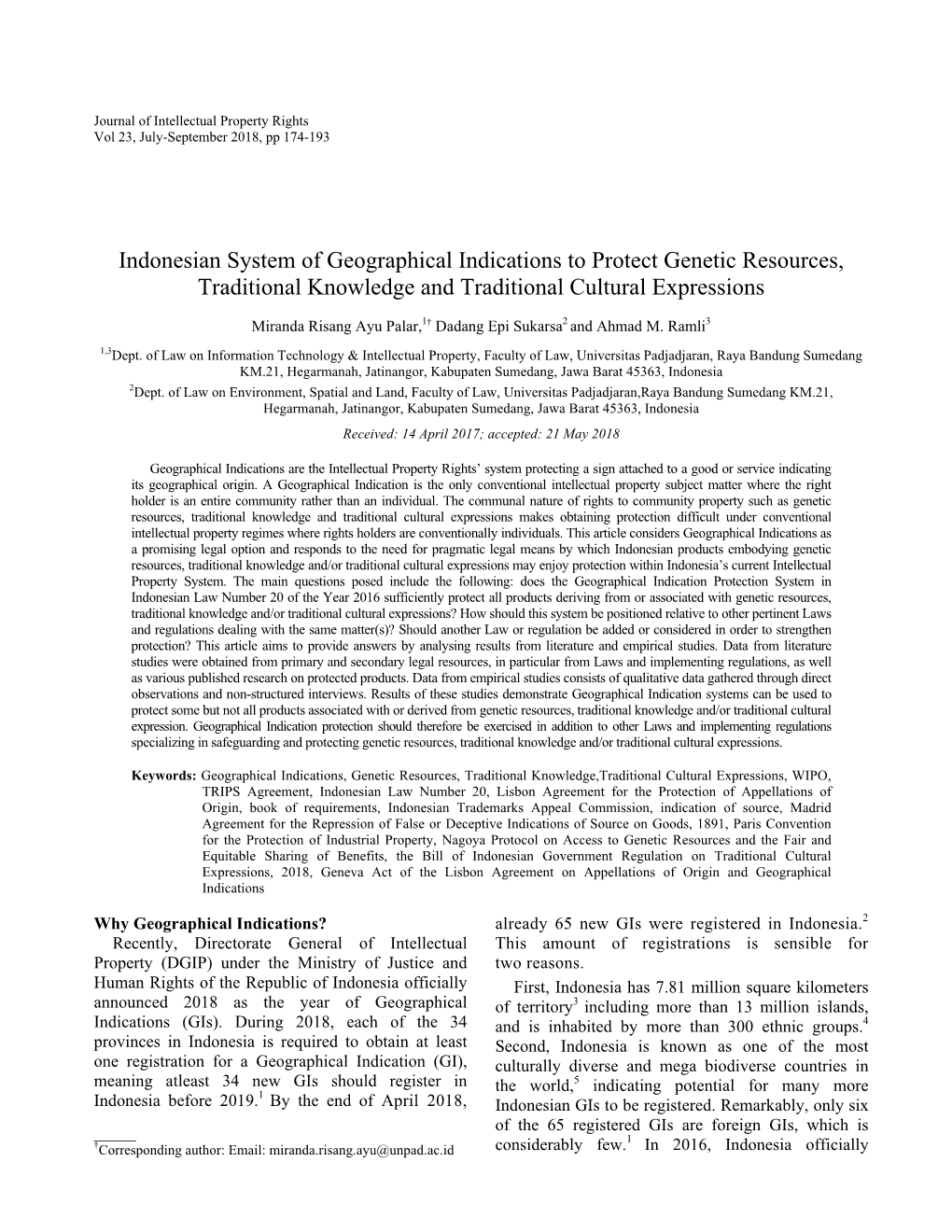 Indonesian System of Geographical Indications to Protect Genetic Resources, Traditional Knowledge and Traditional Cultural Expressions