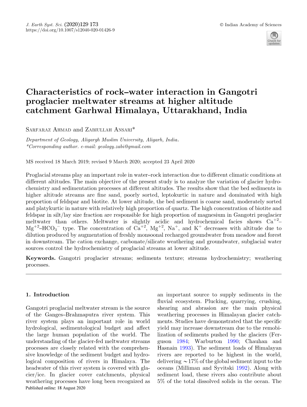 Characteristics of Rock–Water Interaction in Gangotri Proglacier Meltwater Streams at Higher Altitude Catchment Garhwal Himalaya, Uttarakhand, India