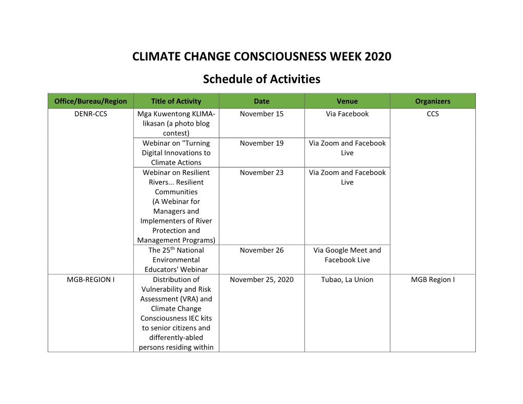 CLIMATE CHANGE CONSCIOUSNESS WEEK 2020 Schedule of Activities