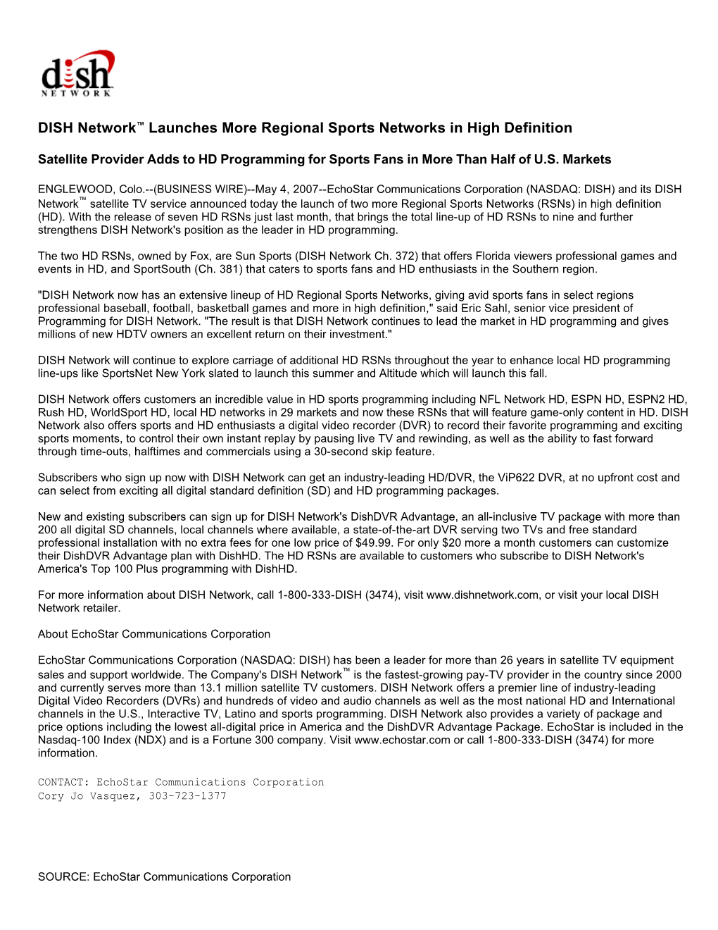 DISH Network™ Launches More Regional Sports Networks in High Definition