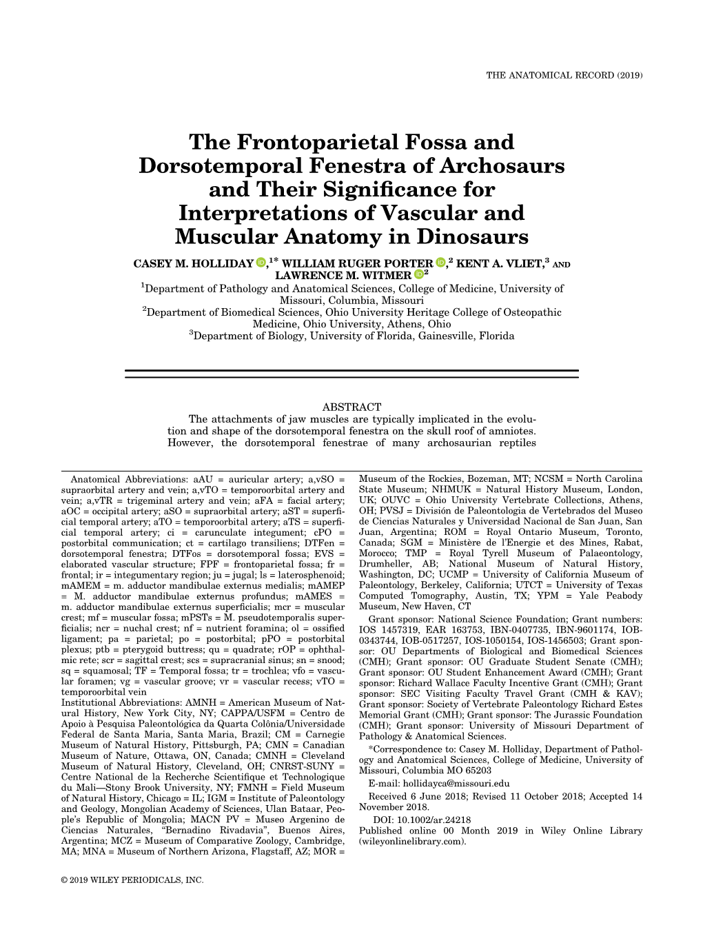 The Frontoparietal Fossa and Dorsotemporal Fenestra of Archosaurs and Their Signiﬁcance for Interpretations of Vascular and Muscular Anatomy in Dinosaurs