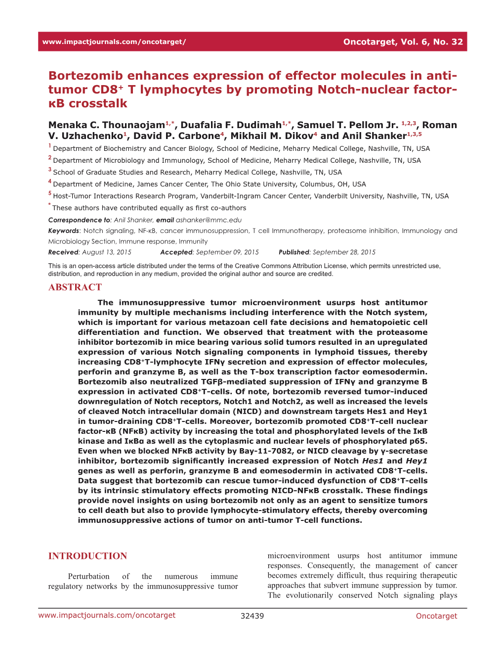 Bortezomib Enhances Expression of Effector Molecules in Anti- Tumor CD8+ T Lymphocytes by Promoting Notch-Nuclear Factor- Κb Crosstalk