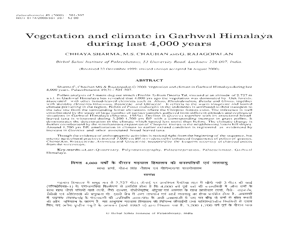 Vegetation and Climate in Garhwal Himalaya During Last 4,000 Years