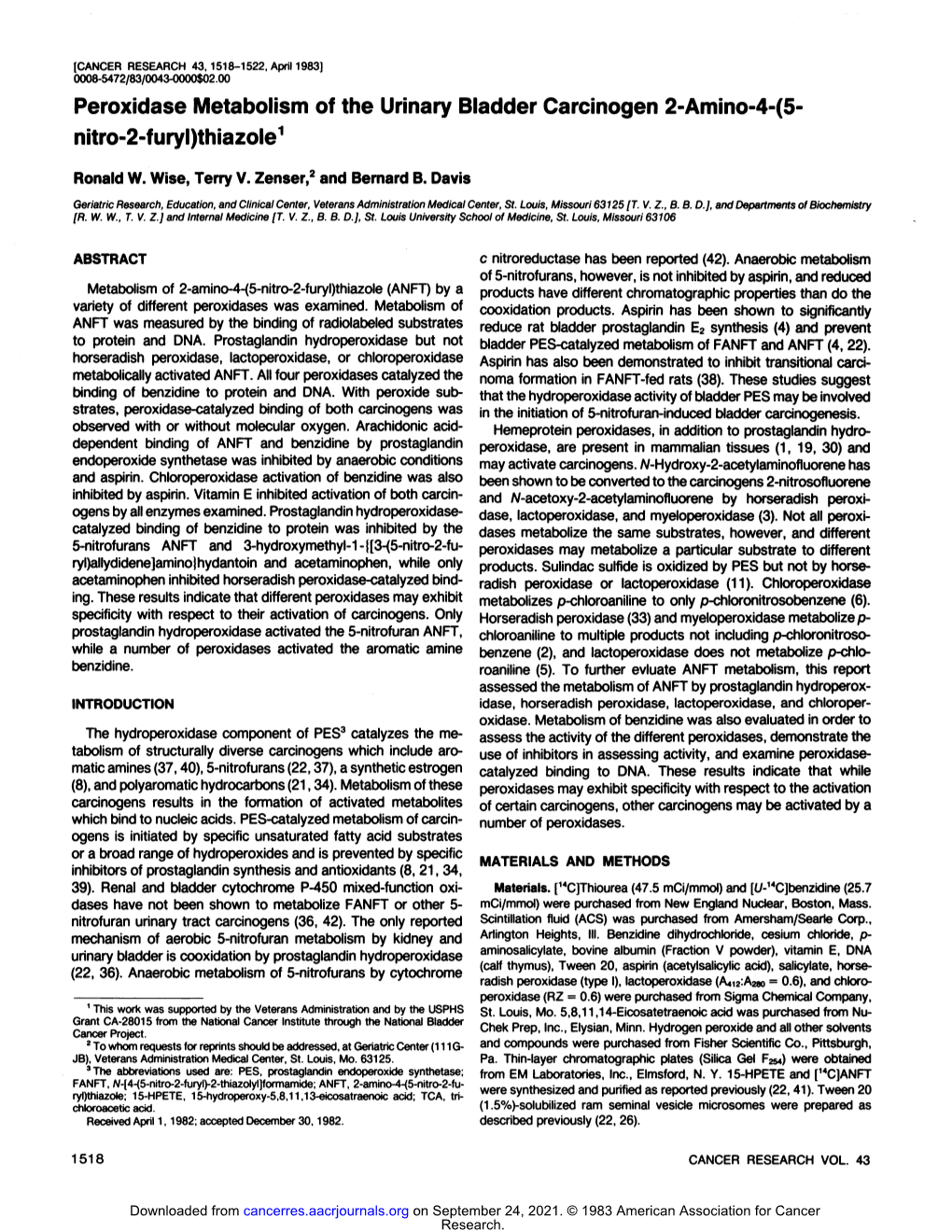 Peroxidase Metabolism of the Urinary Bladder Carcinogen 2-Amino-4-(5- Nitro-2-Furyl)Thiazole1