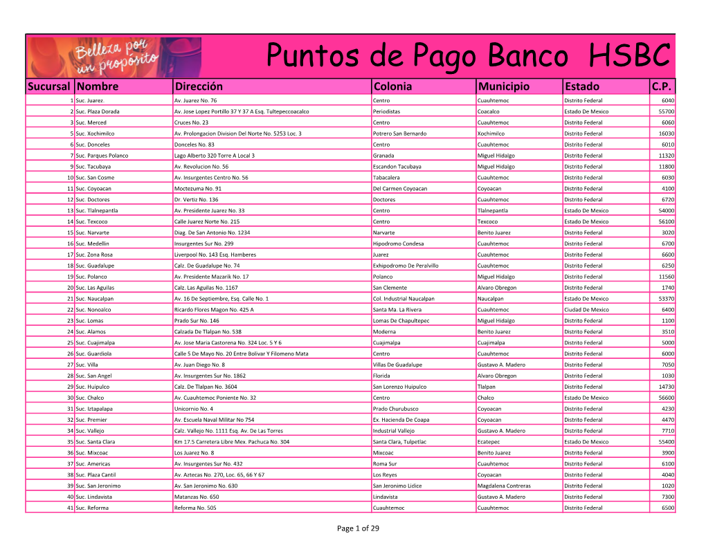 Puntos De Pago Banco HSBC Sucursal Nombre Dirección Colonia Municipio Estado C.P