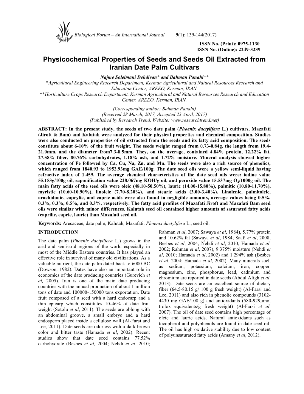 Physicochemical Properties of Seeds and Seeds Oil Extracted From