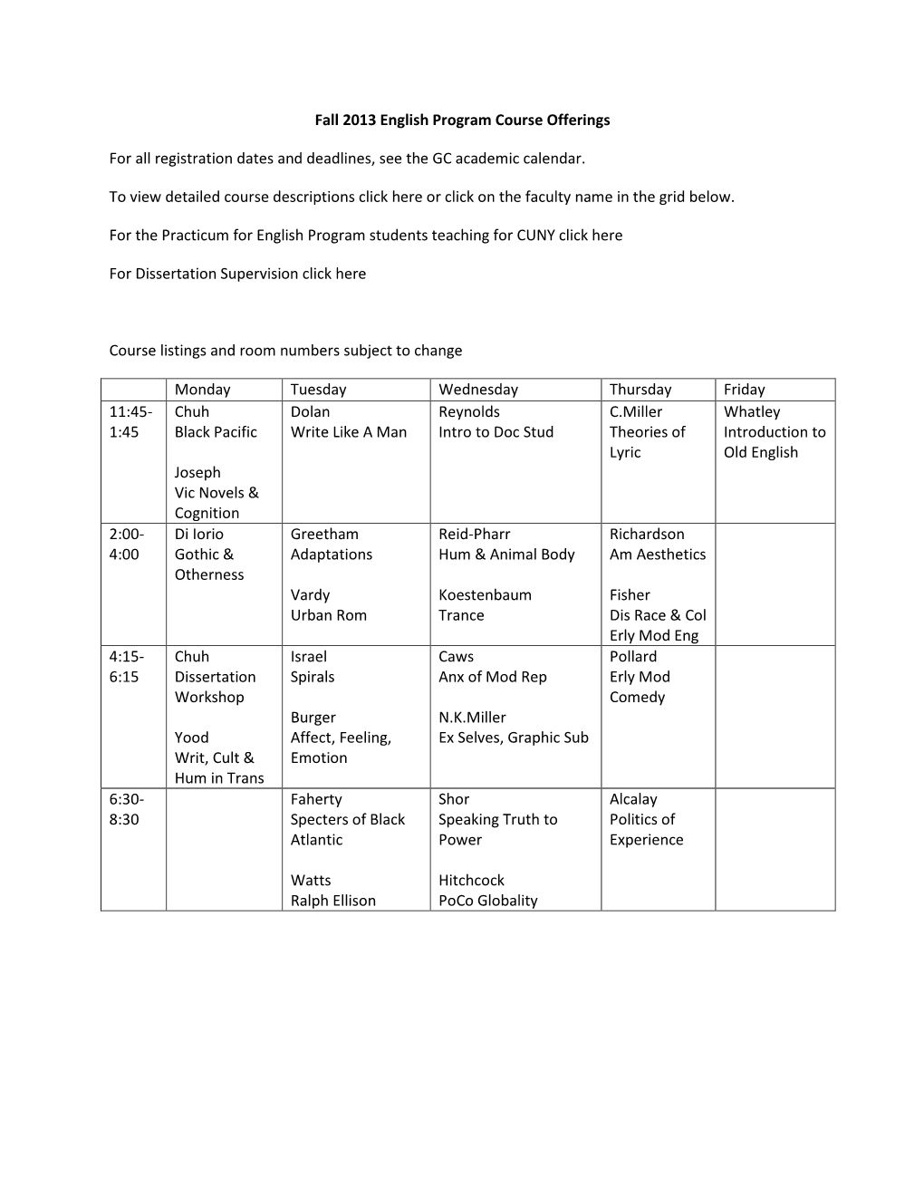 Fall 2013 English Program Course Offerings for All Registration Dates