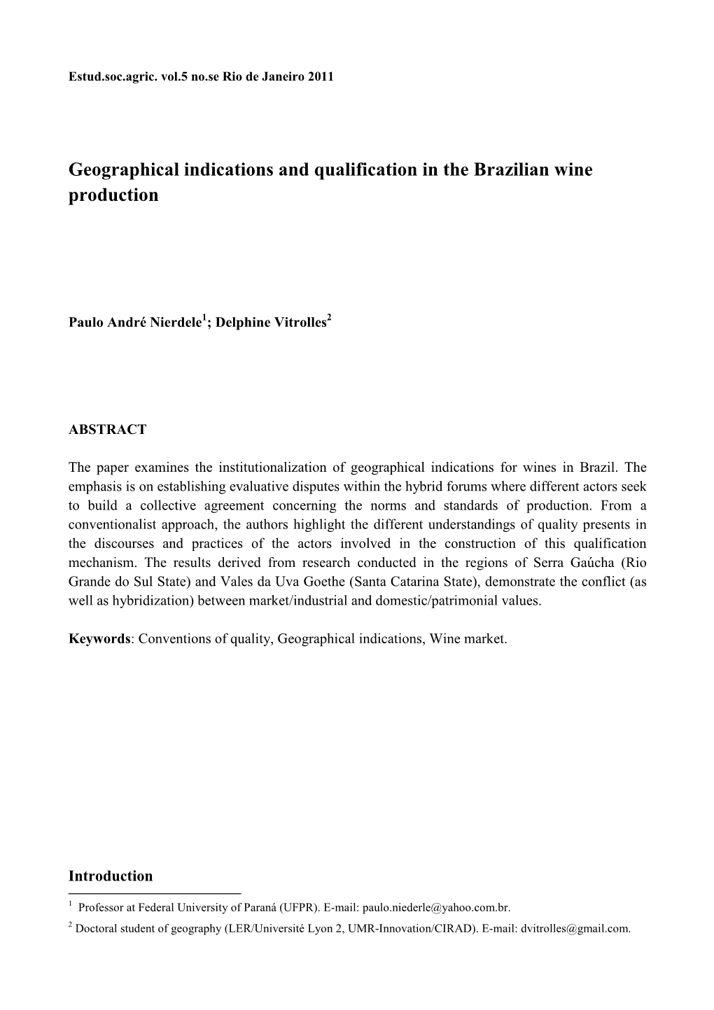 Geographical Indications and Qualification in the Brazilian Wine Production