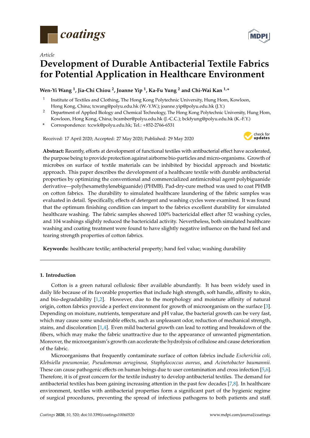 Development of Durable Antibacterial Textile Fabrics for Potential Application in Healthcare Environment