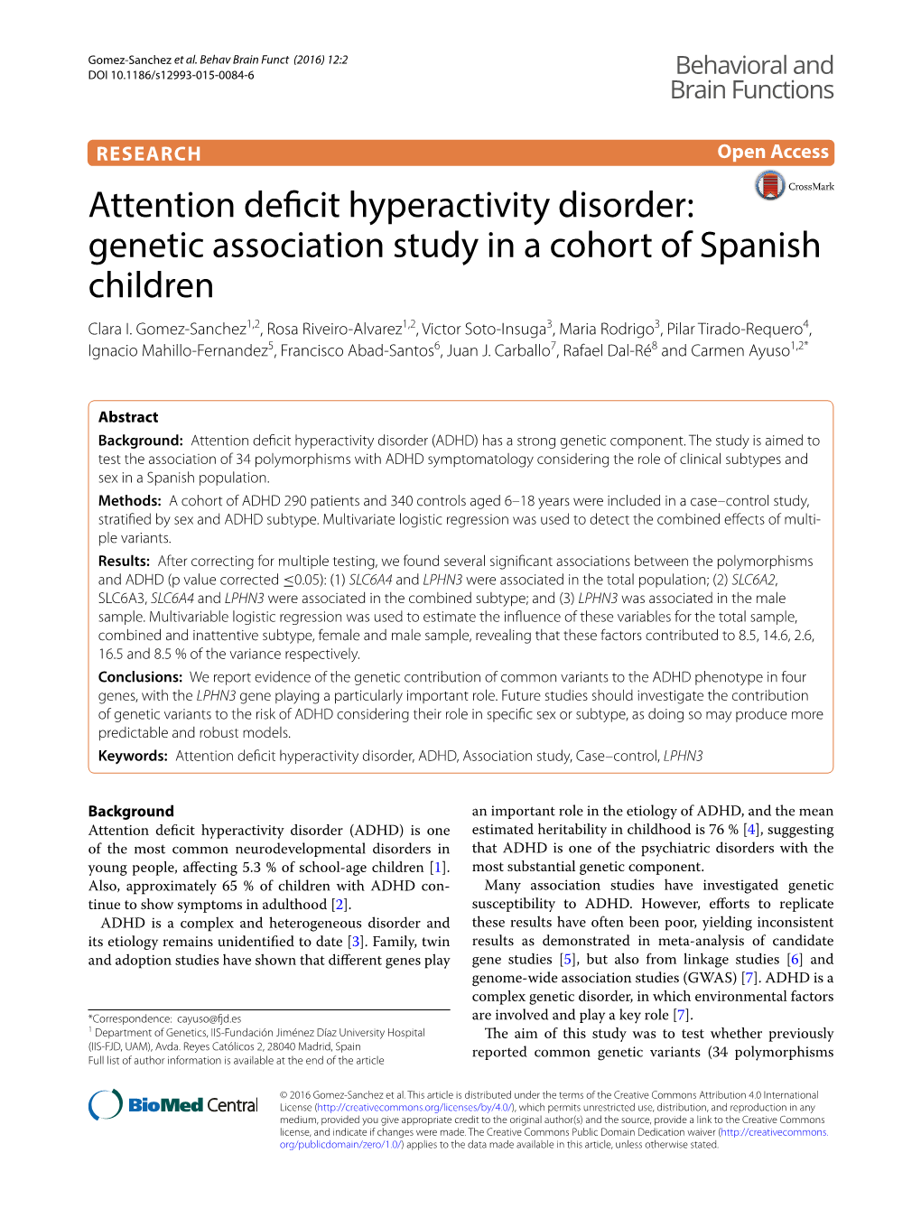 Attention Deficit Hyperactivity Disorder: Genetic Association Study in a Cohort of Spanish Children Clara I