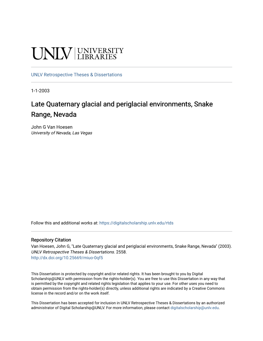 Late Quaternary Glacial and Periglacial Environments, Snake Range, Nevada