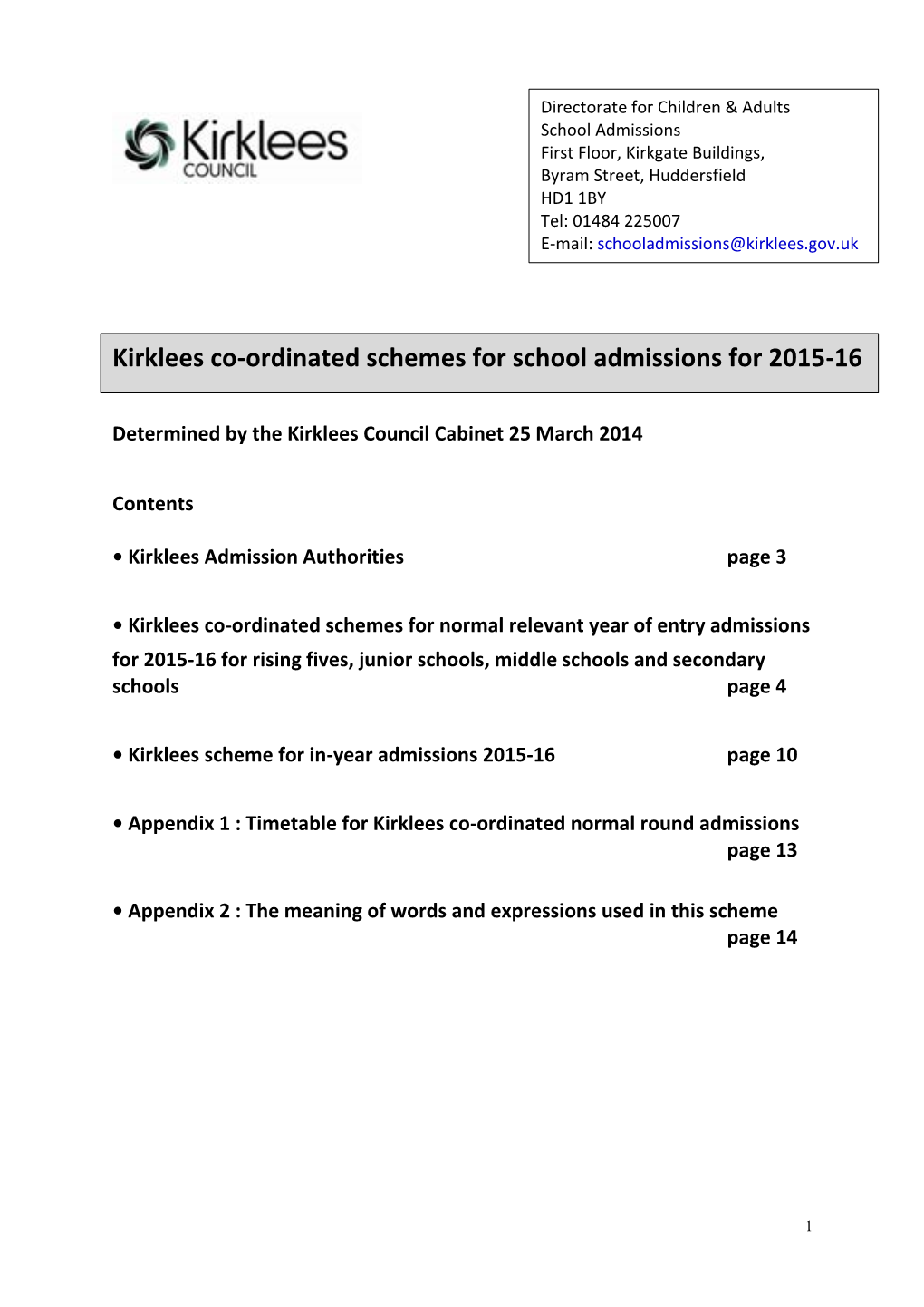 Kirklees Co-Ordinated Schemes for School Admissions for 2015-16