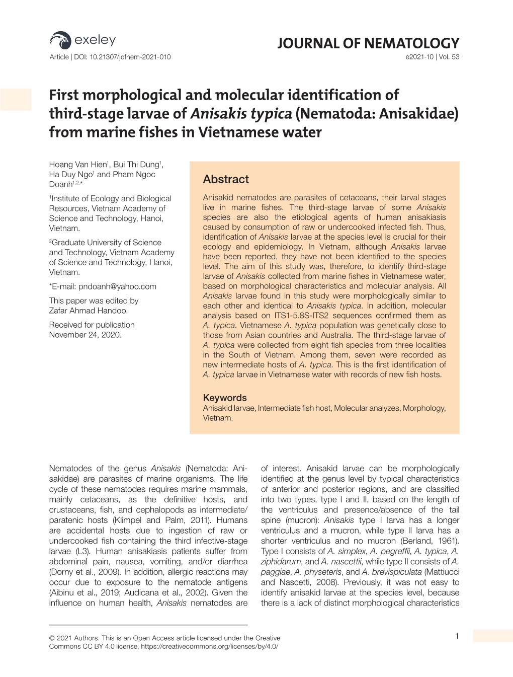 First Morphological and Molecular Identification of Third-Stage Larvae of Anisakis Typica (Nematoda: Anisakidae) from Marine Fishes in Vietnamese Water