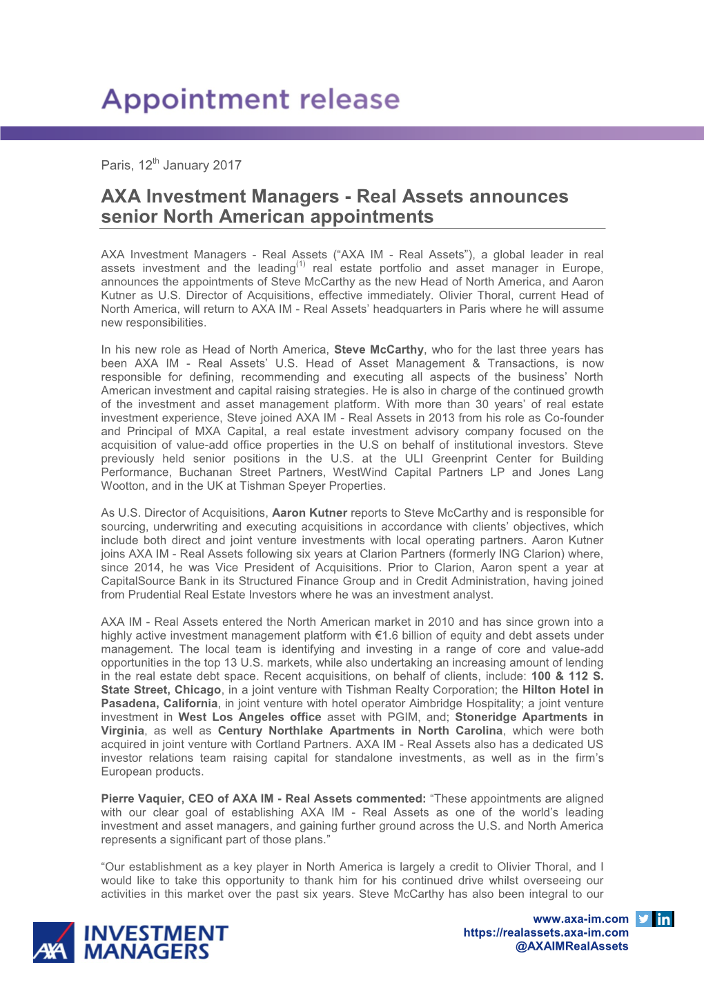 Real Assets Announces Senior North American Appointments