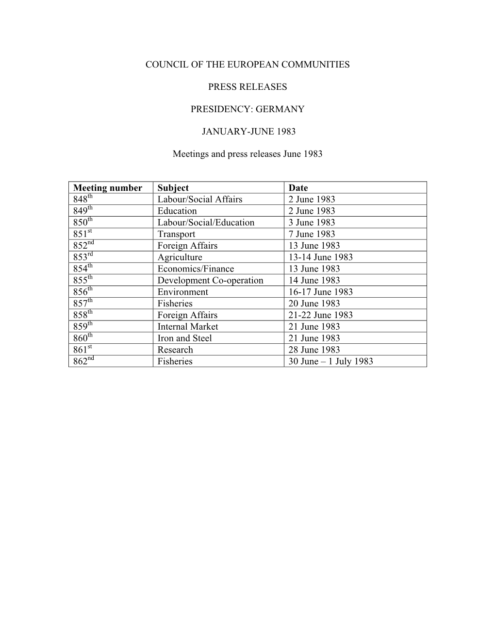 GERMANY JANUARY-JUNE 1983 Meetings and Press Releases