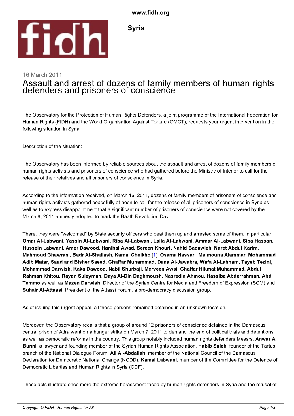 Assault and Arrest of Dozens of Family Members of Human Rights Defenders and Prisoners of Conscience