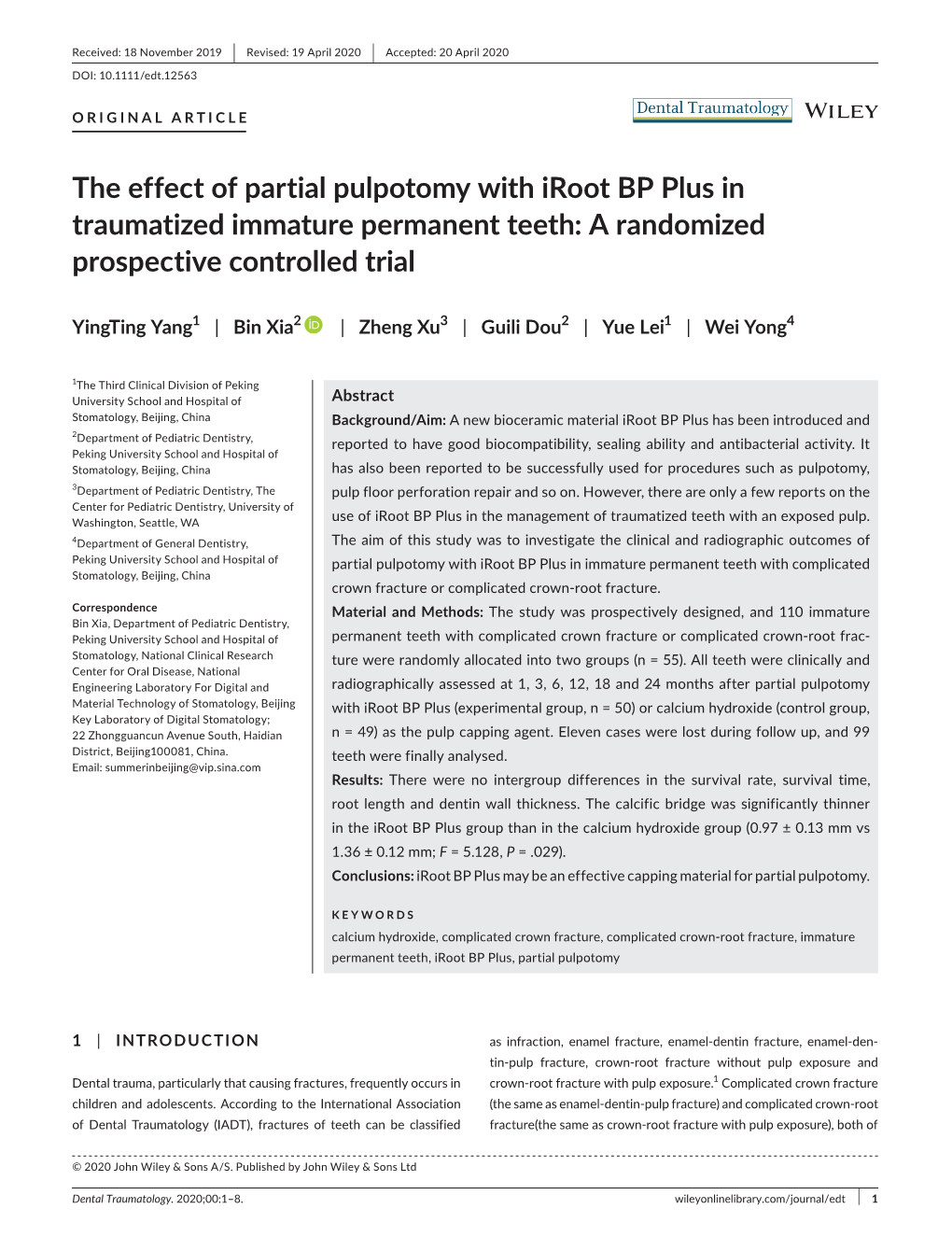 The Effect of Partial Pulpotomy with Iroot BP Plus in Traumatized Immature Permanent Teeth: a Randomized Prospective Controlled Trial