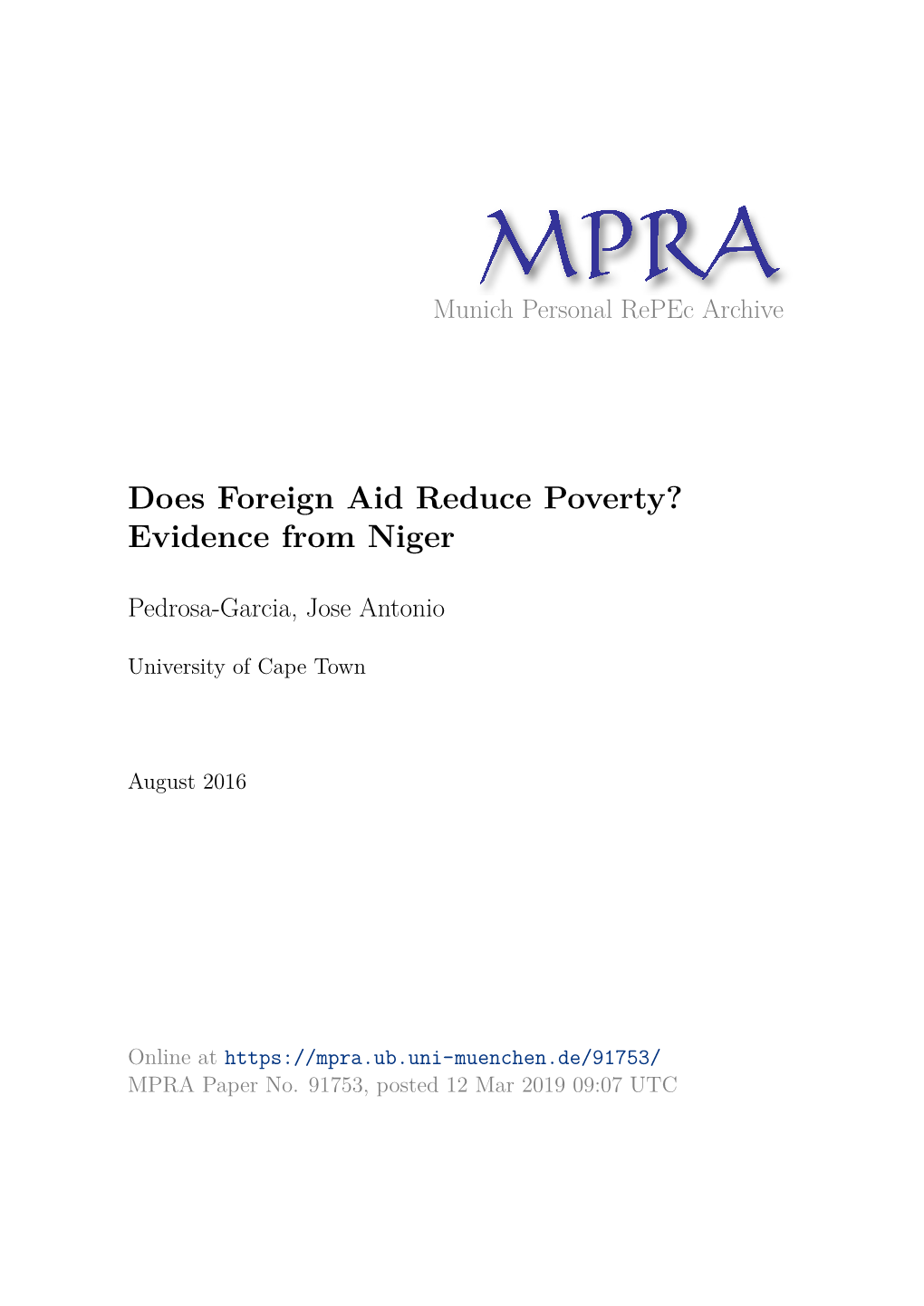 Does Foreign Aid Reduce Poverty? Evidence from Niger