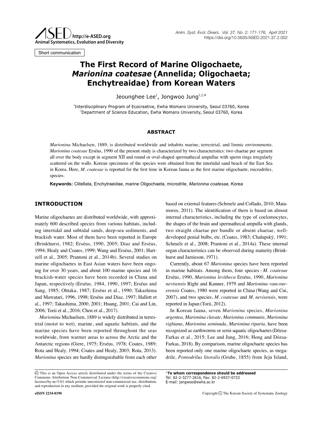 The First Record of Marine Oligochaete, Marionina Coatesae (Annelida; Oligochaeta; Enchytreaidae) from Korean Waters