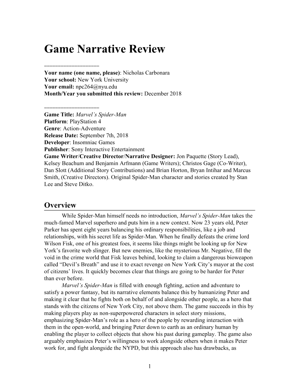 Game Narrative Review