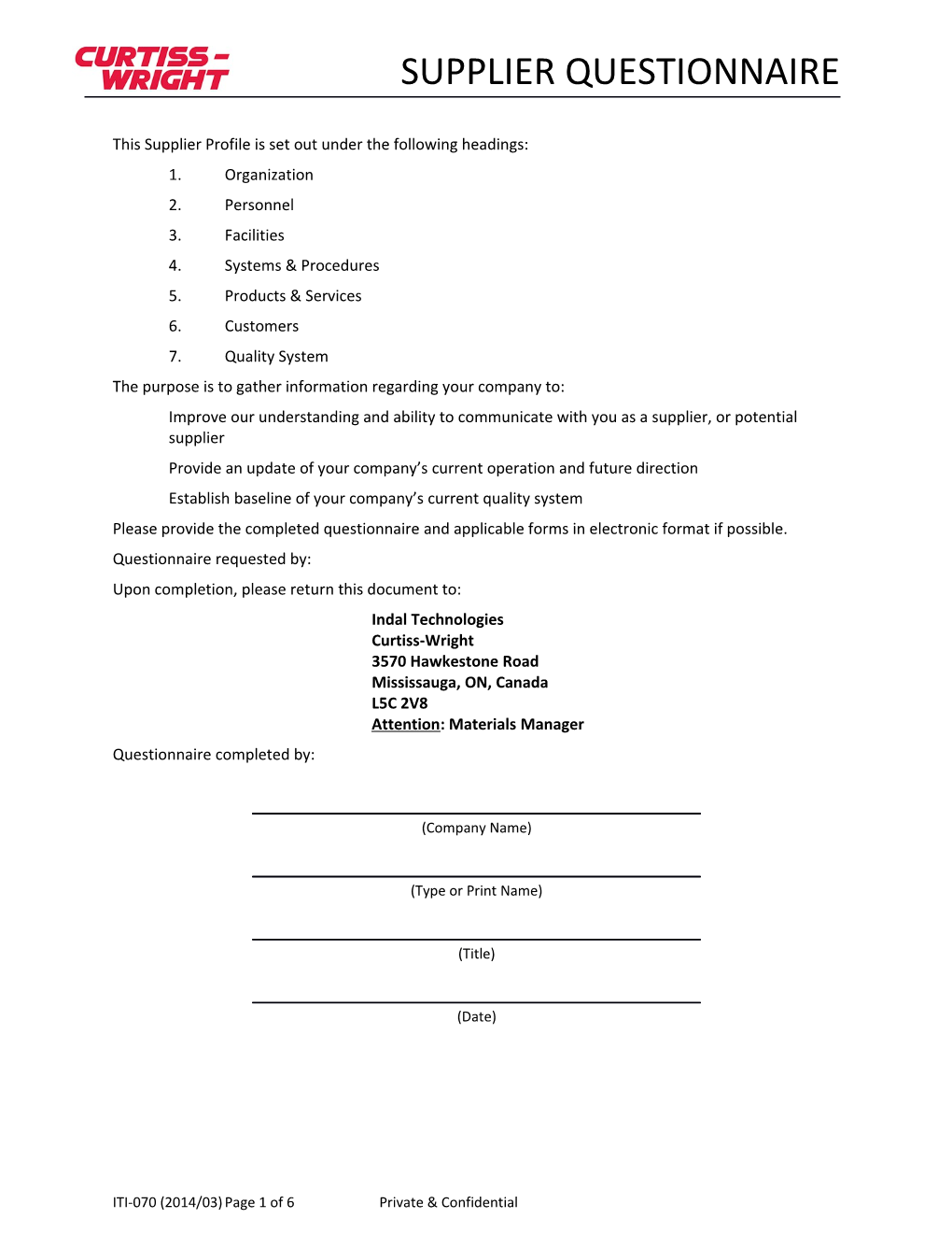 ITI-070 - Supplier Questionnaire Form