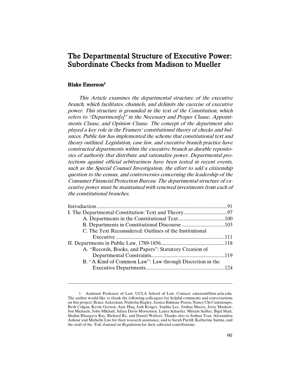 The Departmental Structure of Executive Power: Subordinate Checks from Madison to Mueller