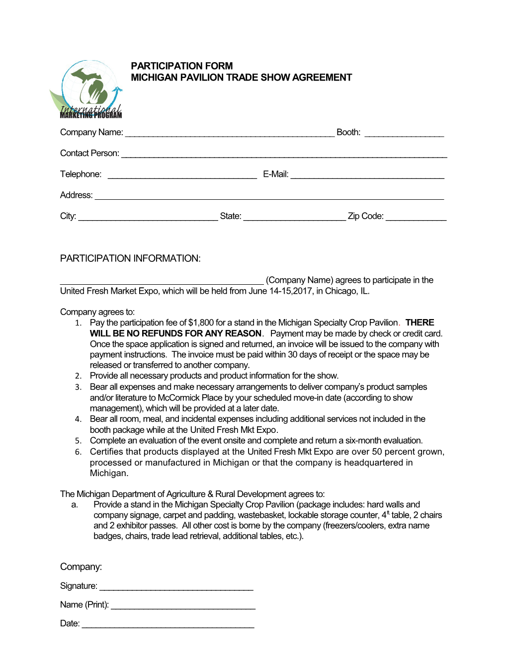 Michigan Pavilion Trade Show Agreement