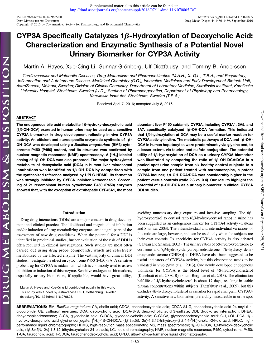 CYP3A Specifically Catalyzes 1Β-Hydroxylation of Deoxycholic Acid