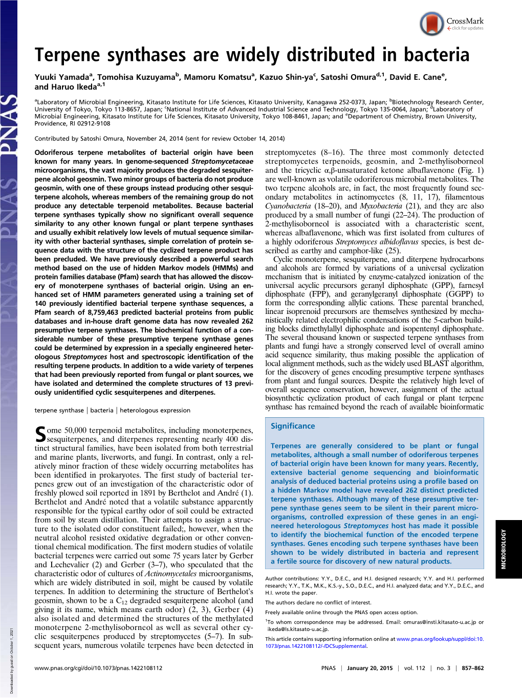 Terpene Synthases Are Widely Distributed in Bacteria