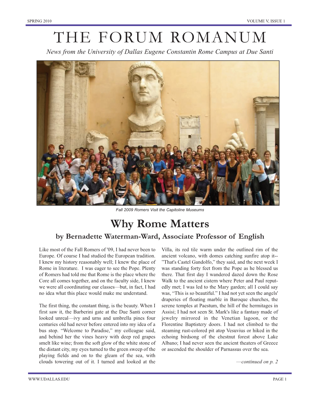Spring 2010 Volume V, Issue 1 the Forum Romanum