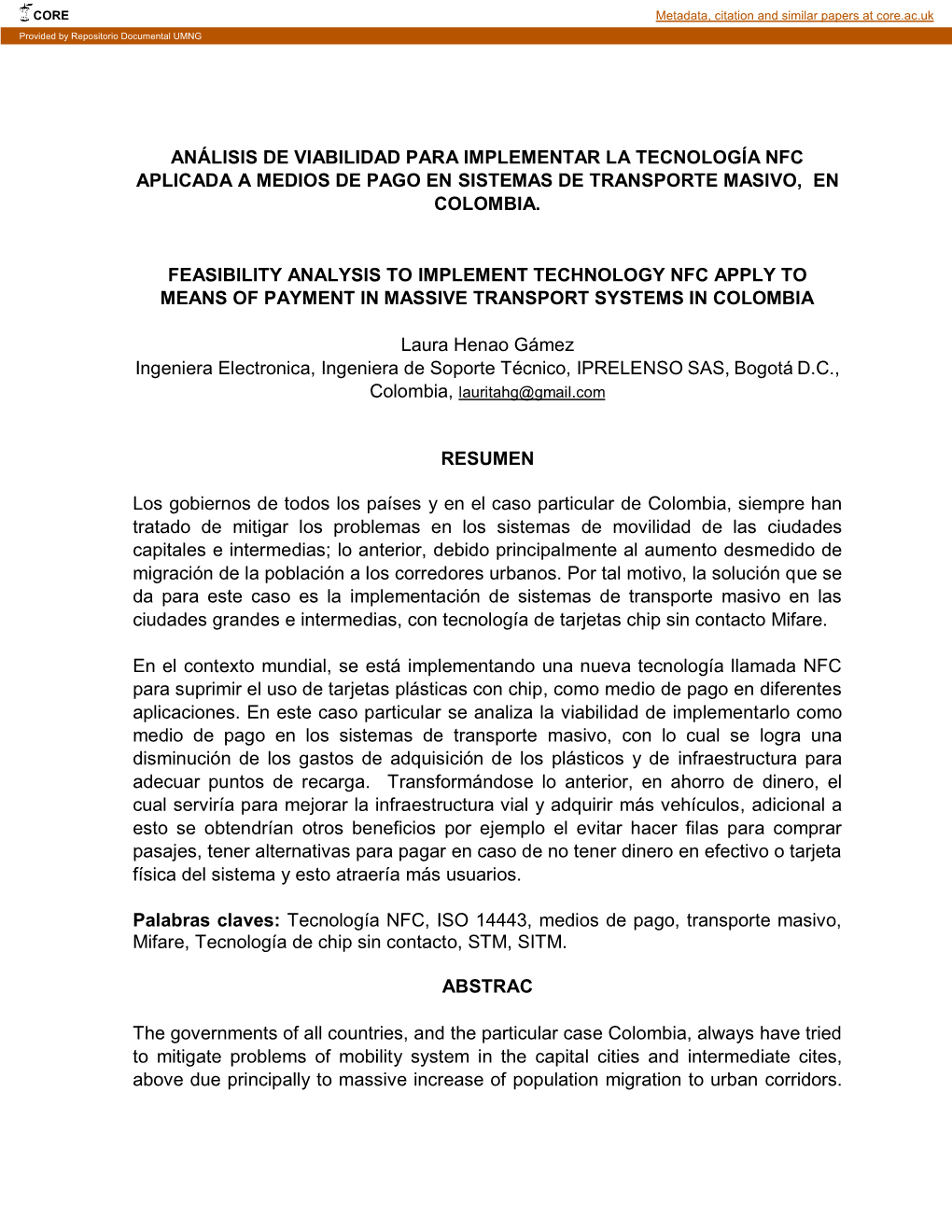 Análisis De Viabilidad Para Implementar La Tecnología Nfc Aplicada a Medios De Pago En Sistemas De Transporte Masivo, En Colombia