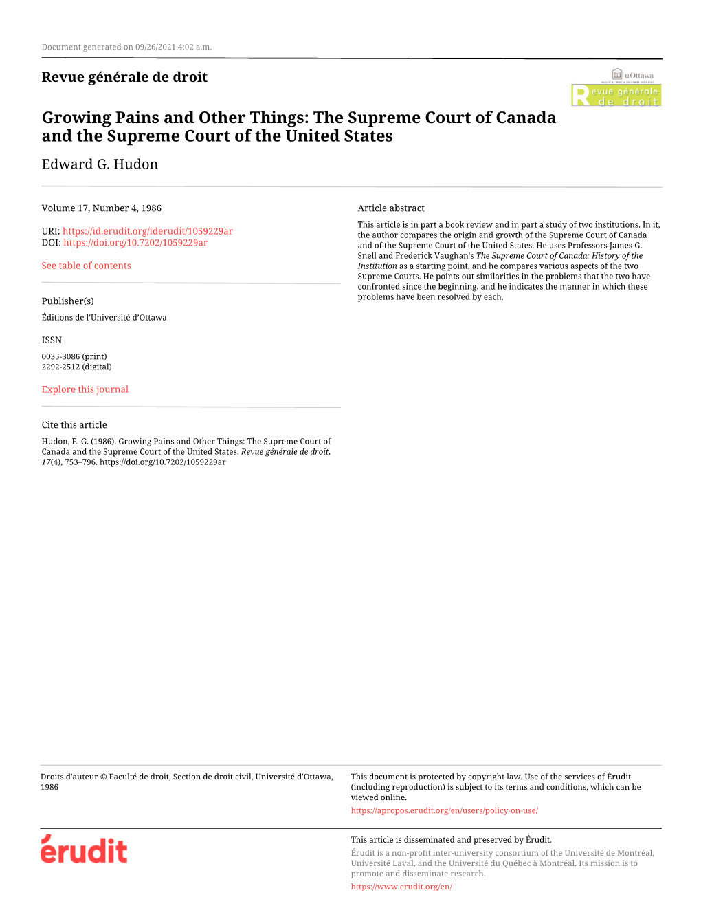 Growing Pains and Other Things: the Supreme Court of Canada and the Supreme Court of the United States Edward G