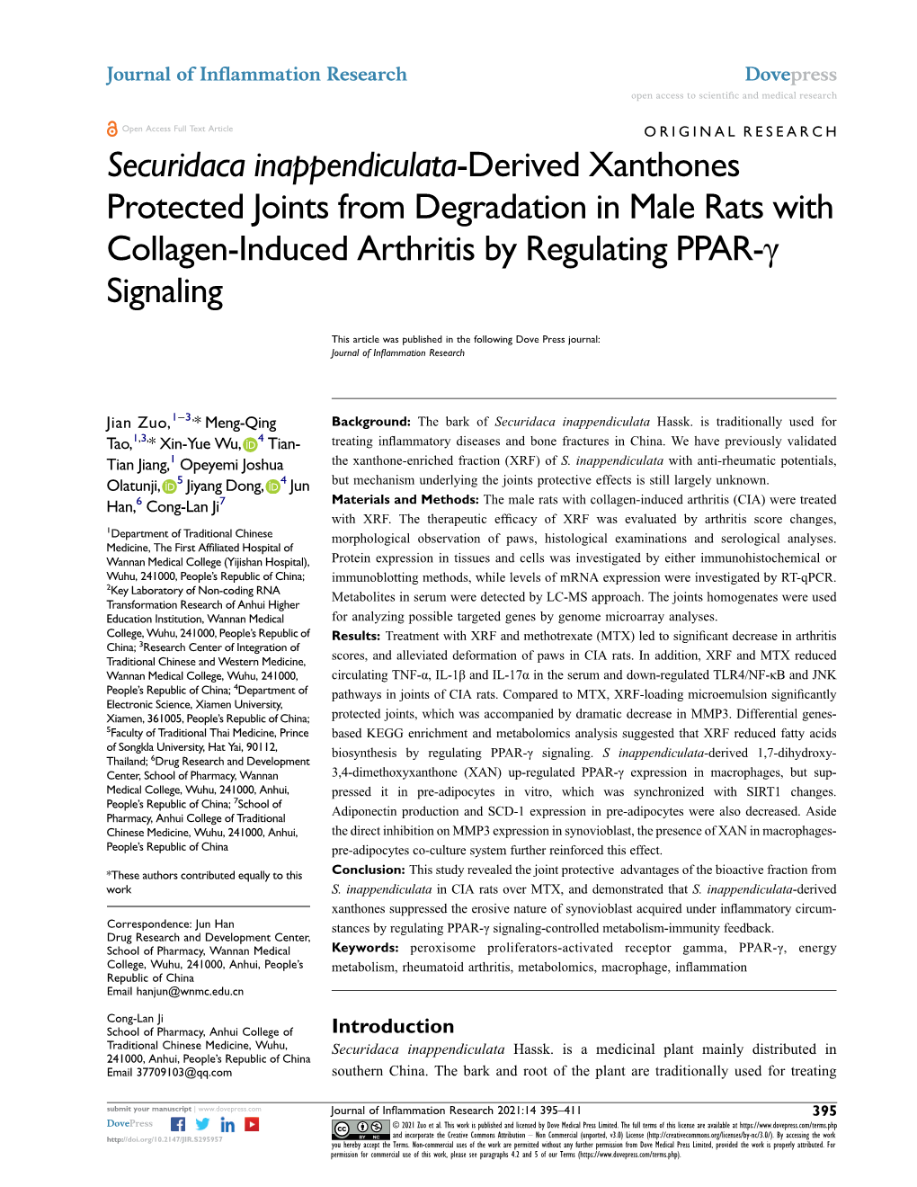 Securidaca Inappendiculata-Derived Xanthones Protected Joints from Degradation in Male Rats with Collagen-Induced Arthritis by Regulating PPAR-Γ Signaling