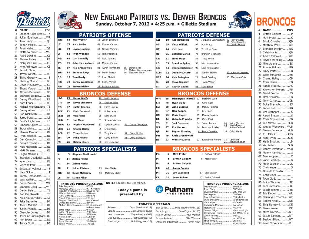 New England Patriots Vs. Denver Broncos Sunday, October 7, 2012 • 4:25 P.M