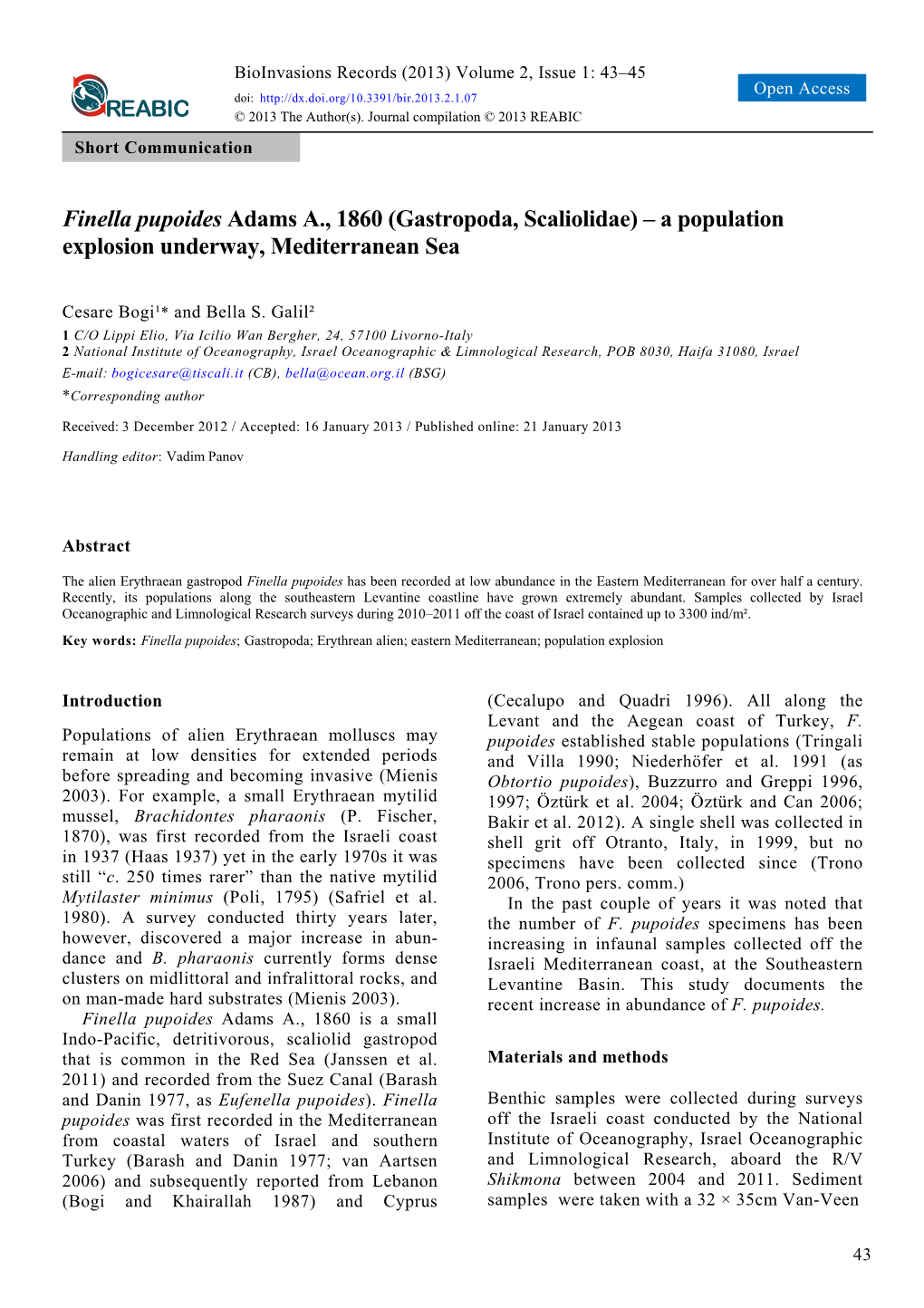 Finella Pupoides Adams A., 1860 (Gastropoda, Scaliolidae) – a Population Explosion Underway, Mediterranean Sea