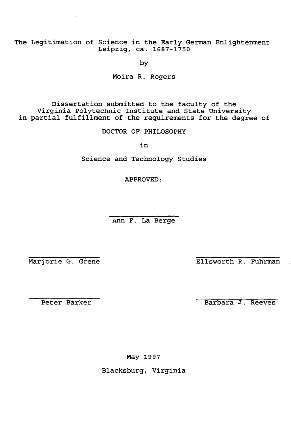 The Legitimation of Science in the Early German Enlightenment Leipzig, Ca