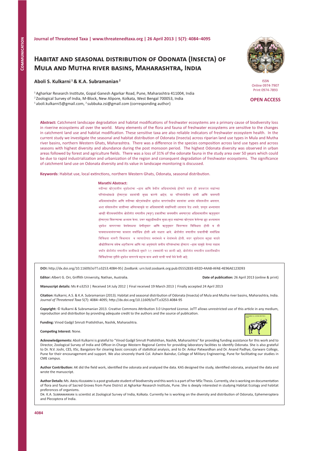 Habitat and Seasonal Distribution of Odonata (Insecta) Of