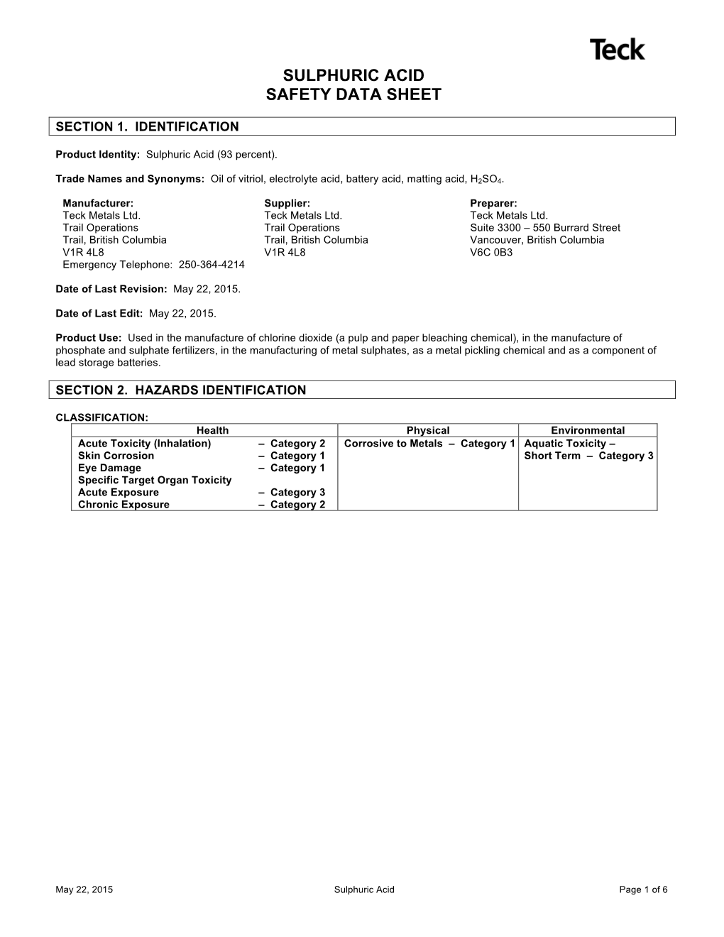 Sulphuric Acid Safety Data Sheet