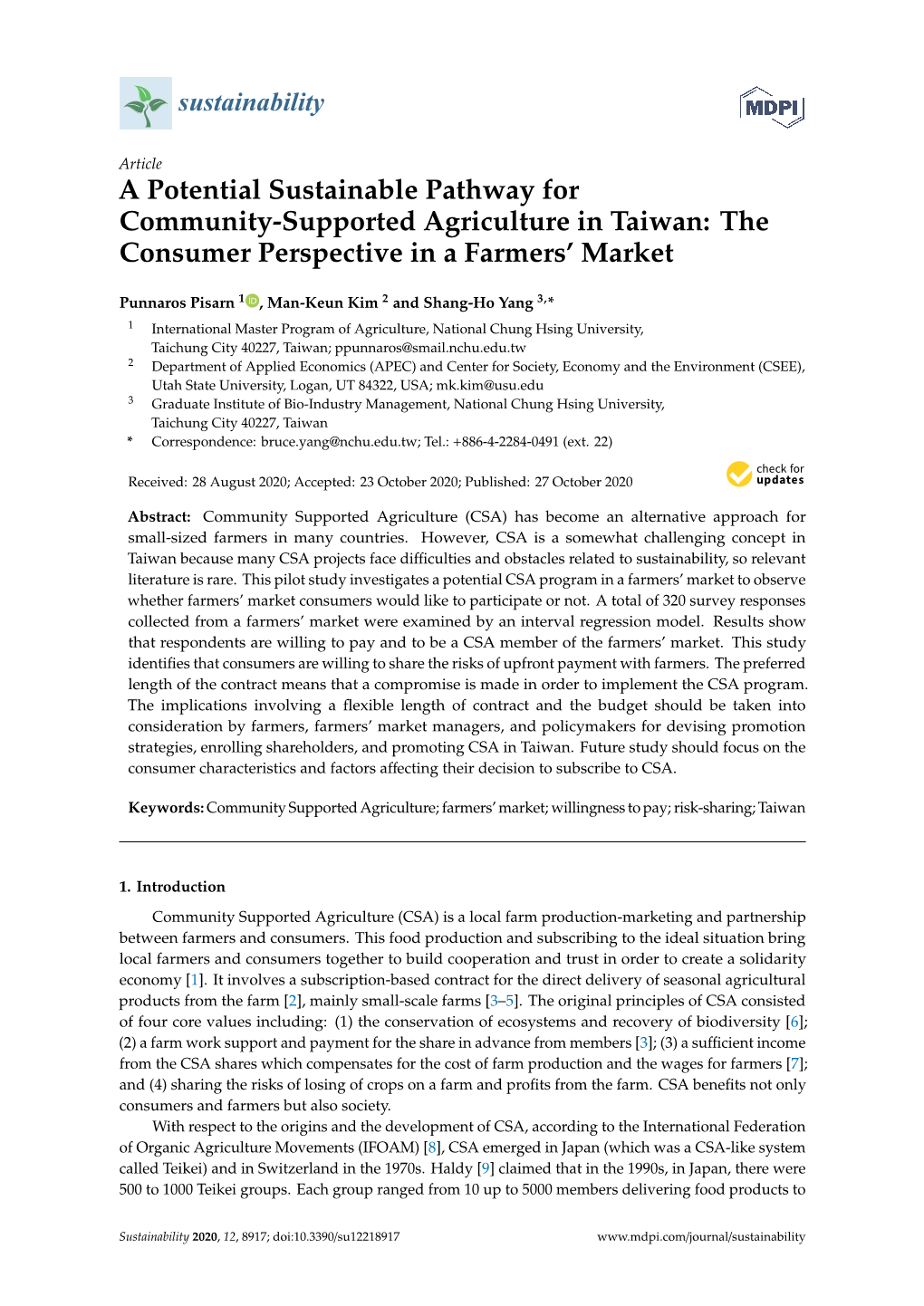 A Potential Sustainable Pathway for Community-Supported Agriculture in Taiwan: the Consumer Perspective in a Farmers’ Market