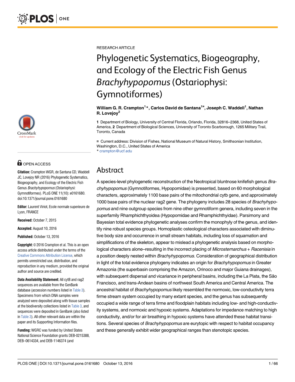 Phylogenetic Systematics, Biogeography, and Ecology of the Electric Fish Genus Brachyhypopomus (Ostariophysi: Gymnotiformes)