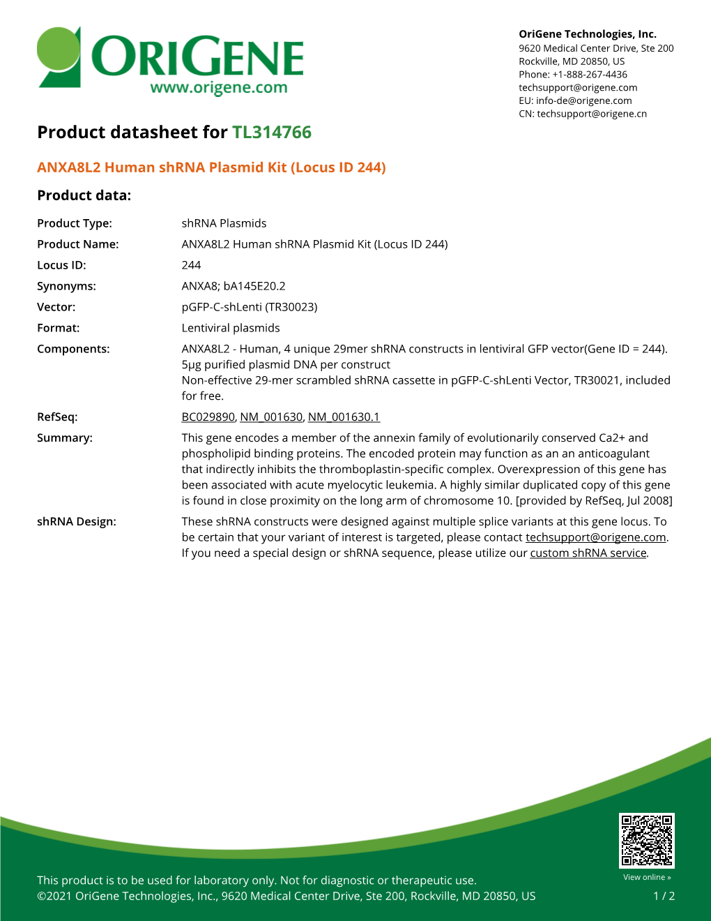 ANXA8L2 Human Shrna Plasmid Kit (Locus ID 244) Product Data