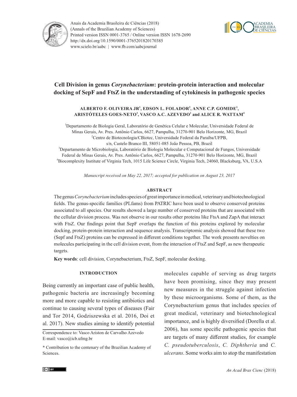 Cell Division in Genus Corynebacterium: Protein-Protein Interaction and Molecular Docking of Sepf and Ftsz in the Understanding of Cytokinesis in Pathogenic Species