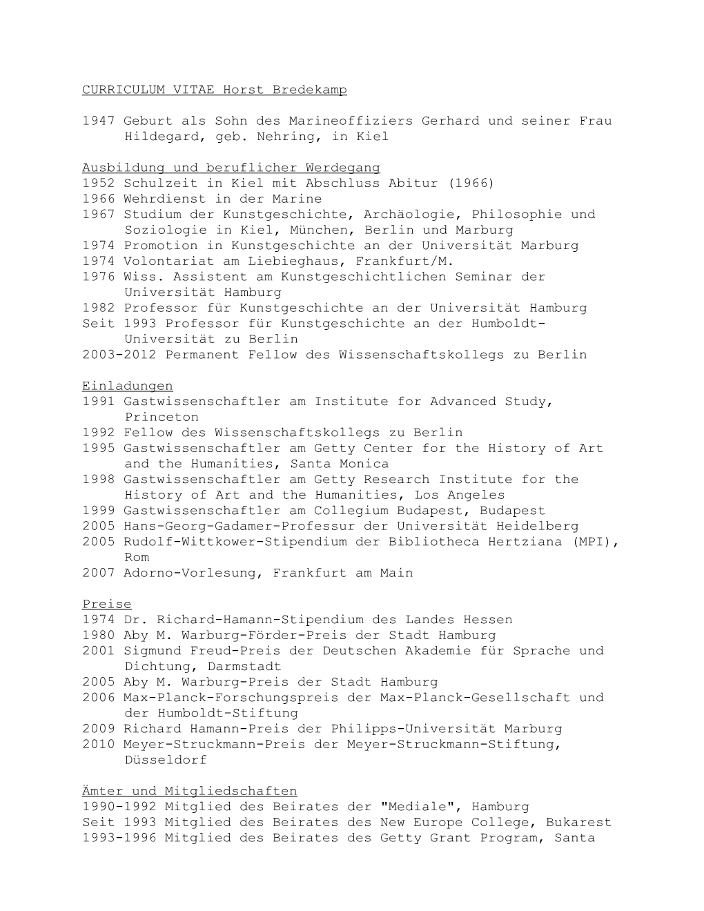 CURRICULUM VITAE Horst Bredekamp