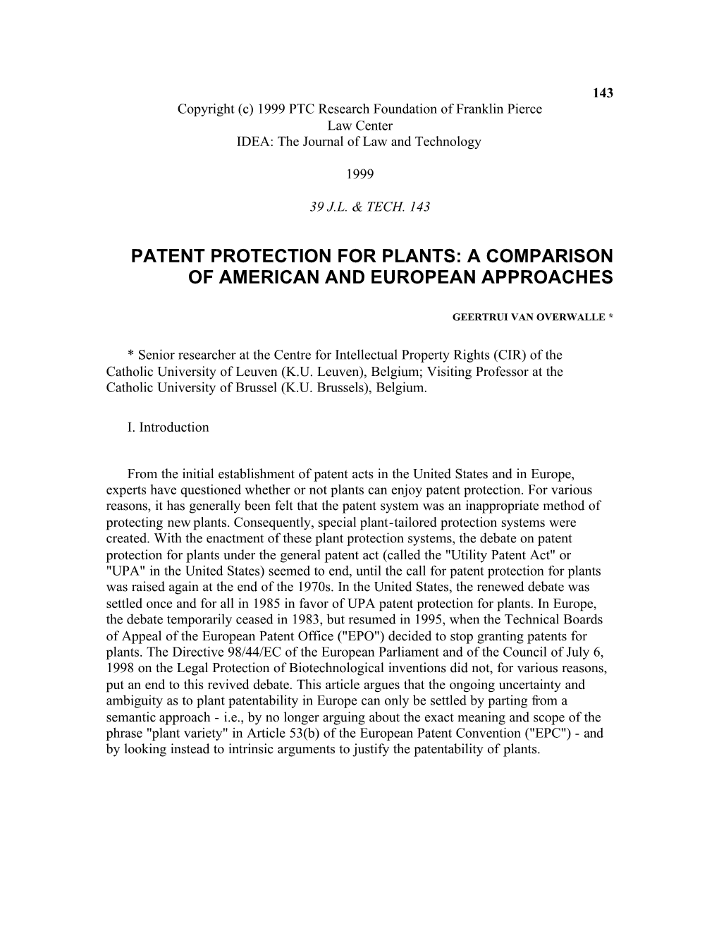 Patent Protection for Plants: a Comparison of American and European Approaches